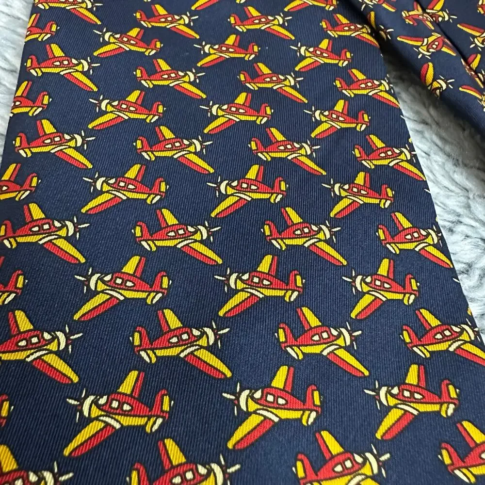La Cravatta Giofer Roma Navy Yellow Orange Airplane Neck Tie 100% Silk Aviation